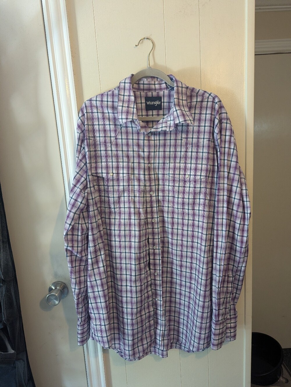 Wrangler Men's Purple & Green Plaid Pearl Snap Long Sleeve Western Shirt - XL